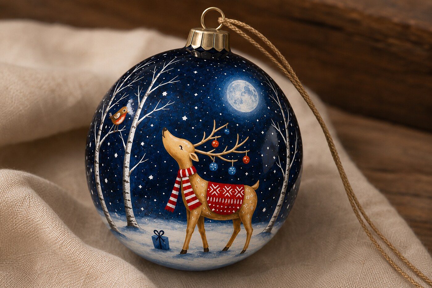 A hand-painted Li Bien ornament resting on natural linen