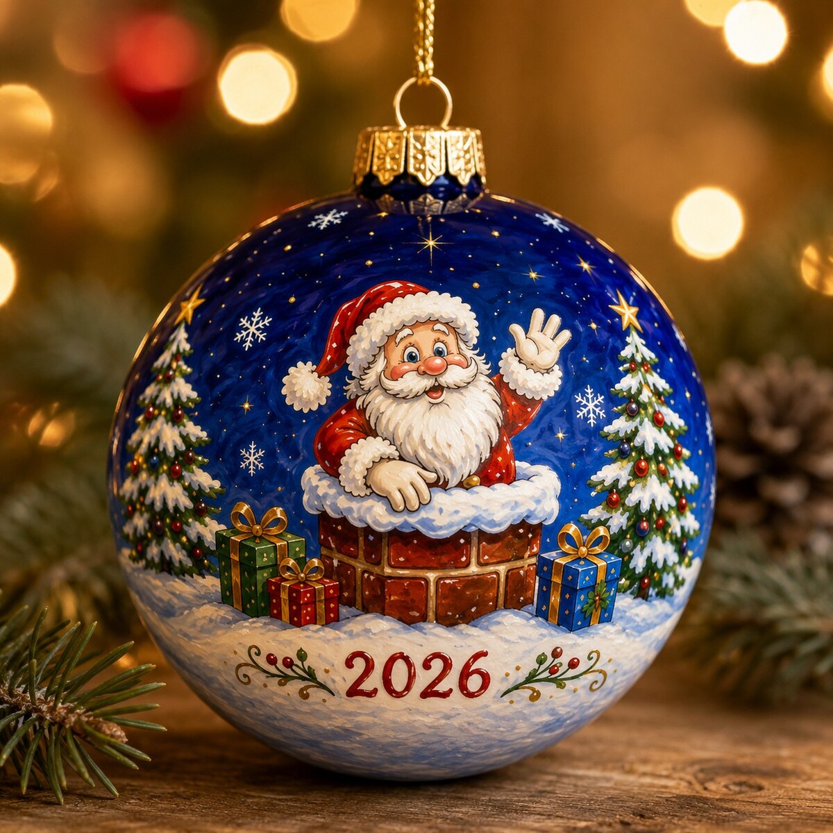 Chimney Santa 2026 hand-painted glass ornament