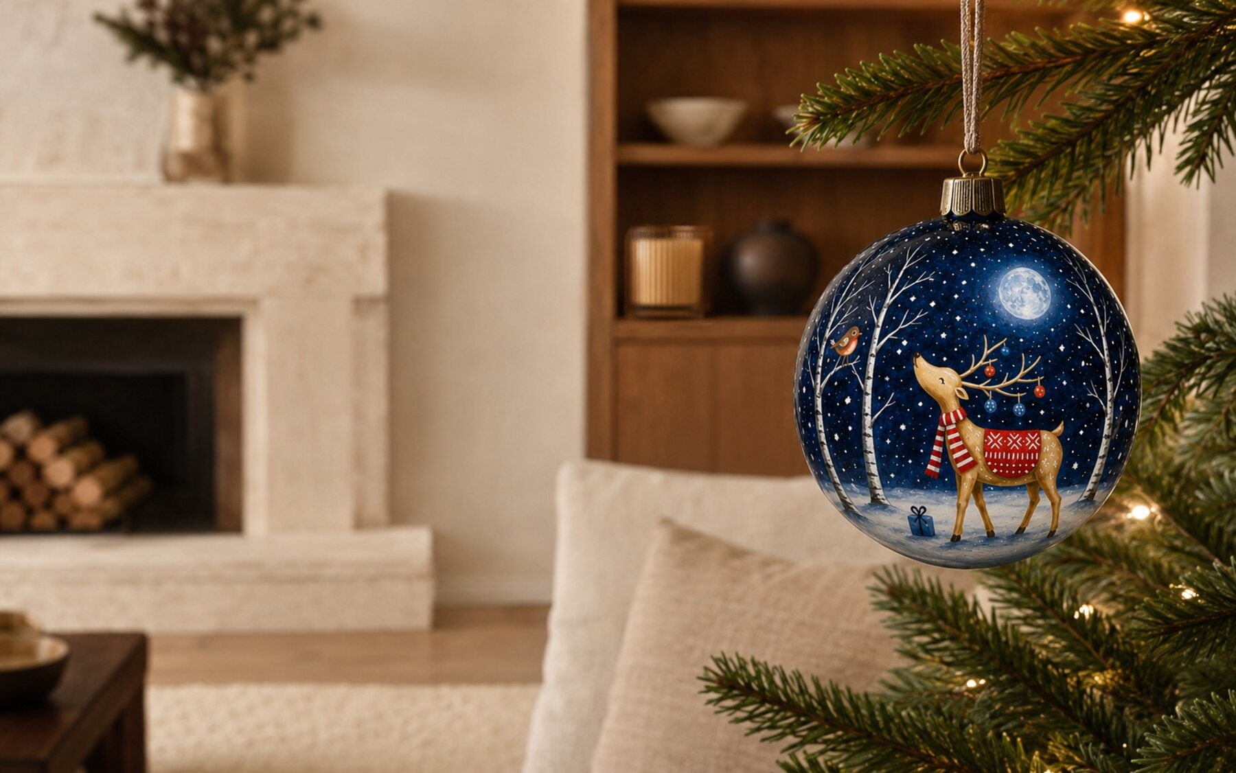 Hand-painted Moonlit Deer ornament displayed in a warm home with an amber striped glass candle