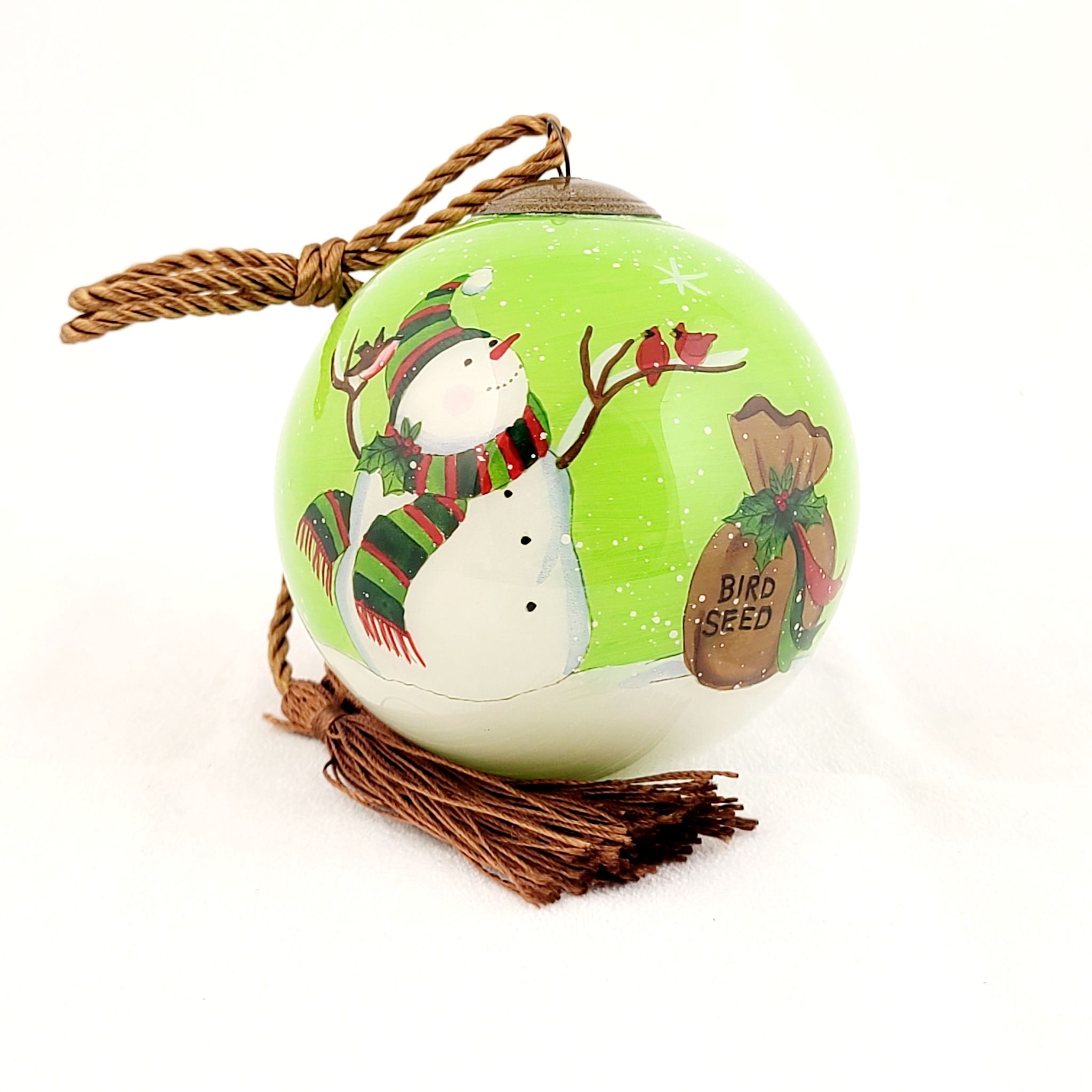 Snowman Feeds Birds hand-painted glass ornament
