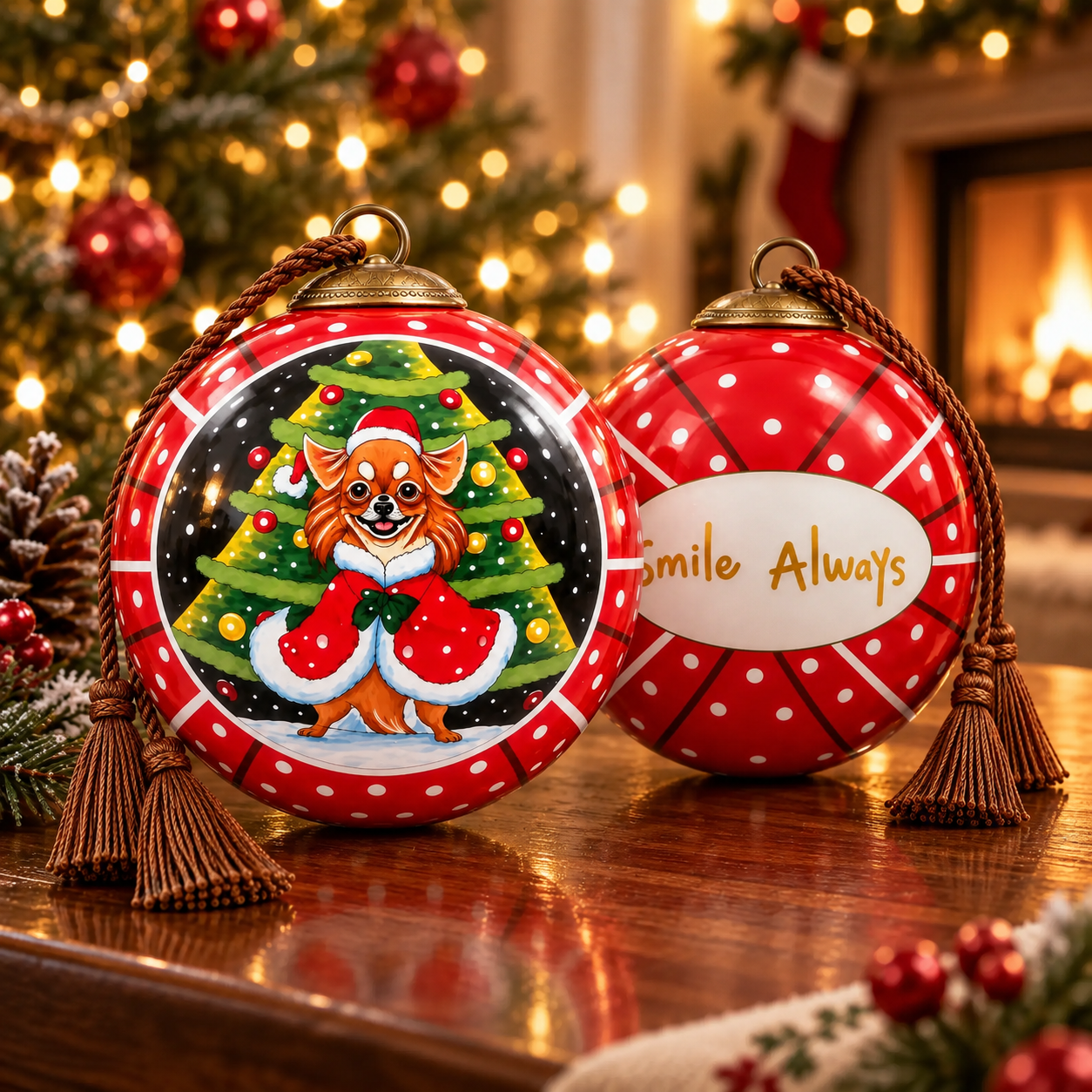 Undated Christmas corgi inside-painted glass ornament in red and green