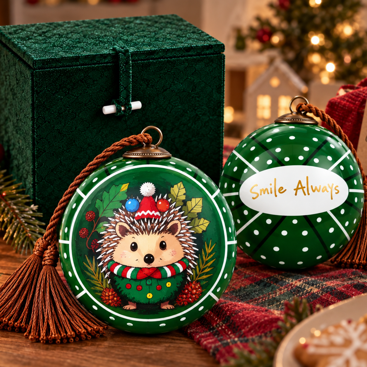 Hedgehog in Green inside-painted glass ornament with a premium gift box