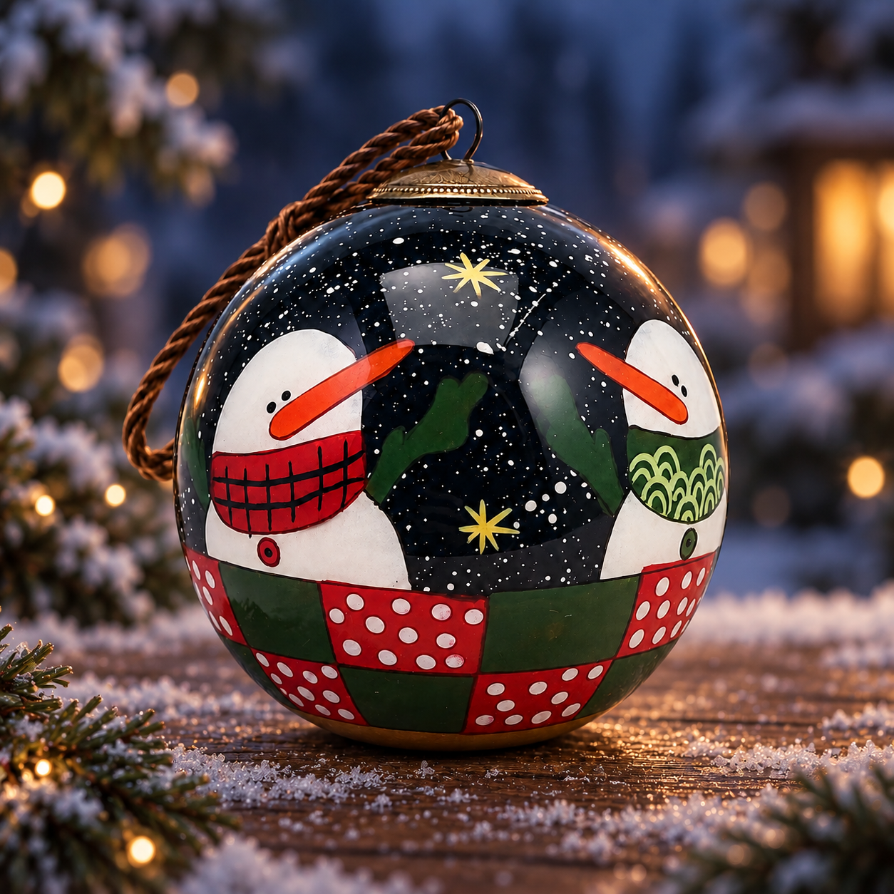 Dark night sky snowman inside-painted glass ornament