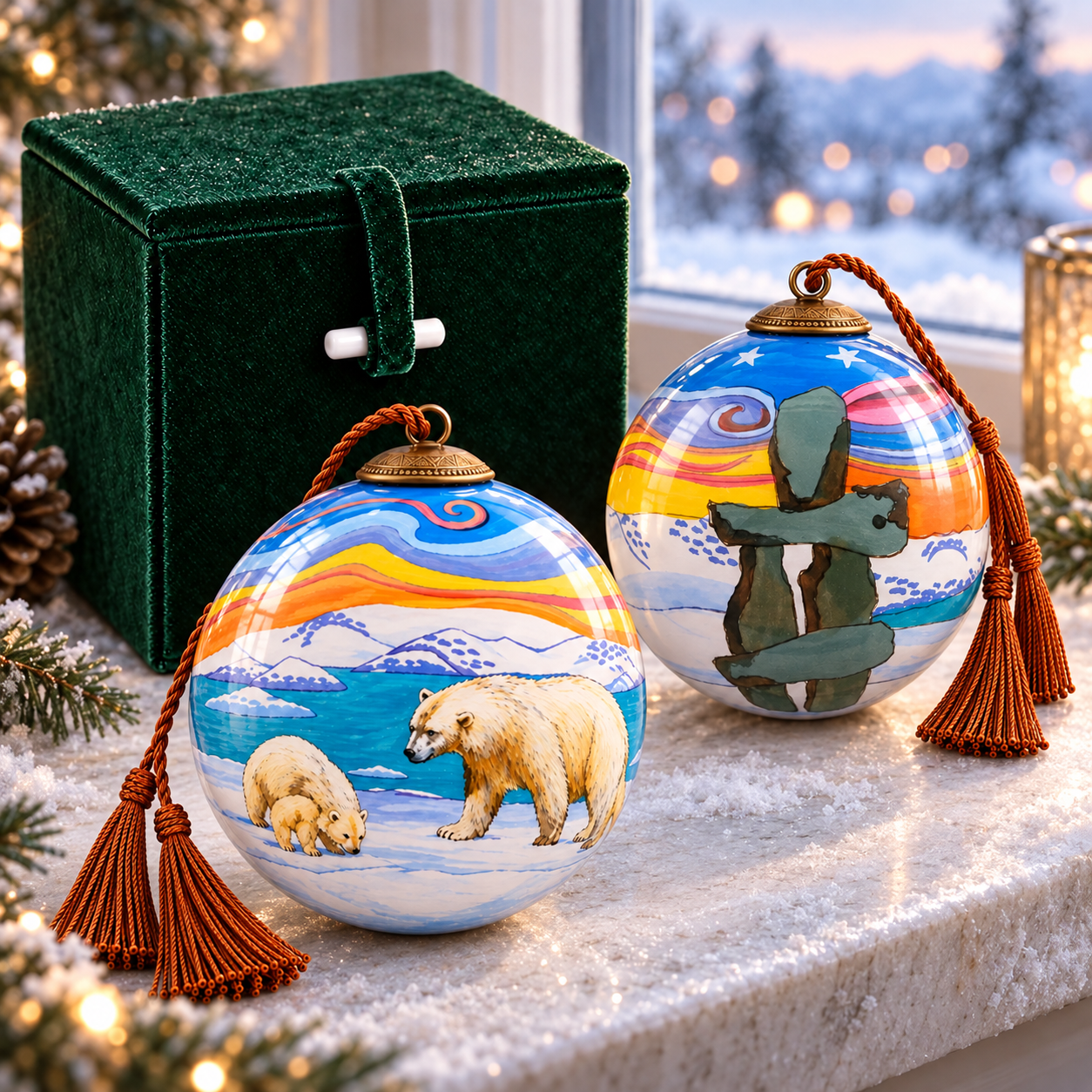 Undated polar bear glass ornament offered with a premium gift box