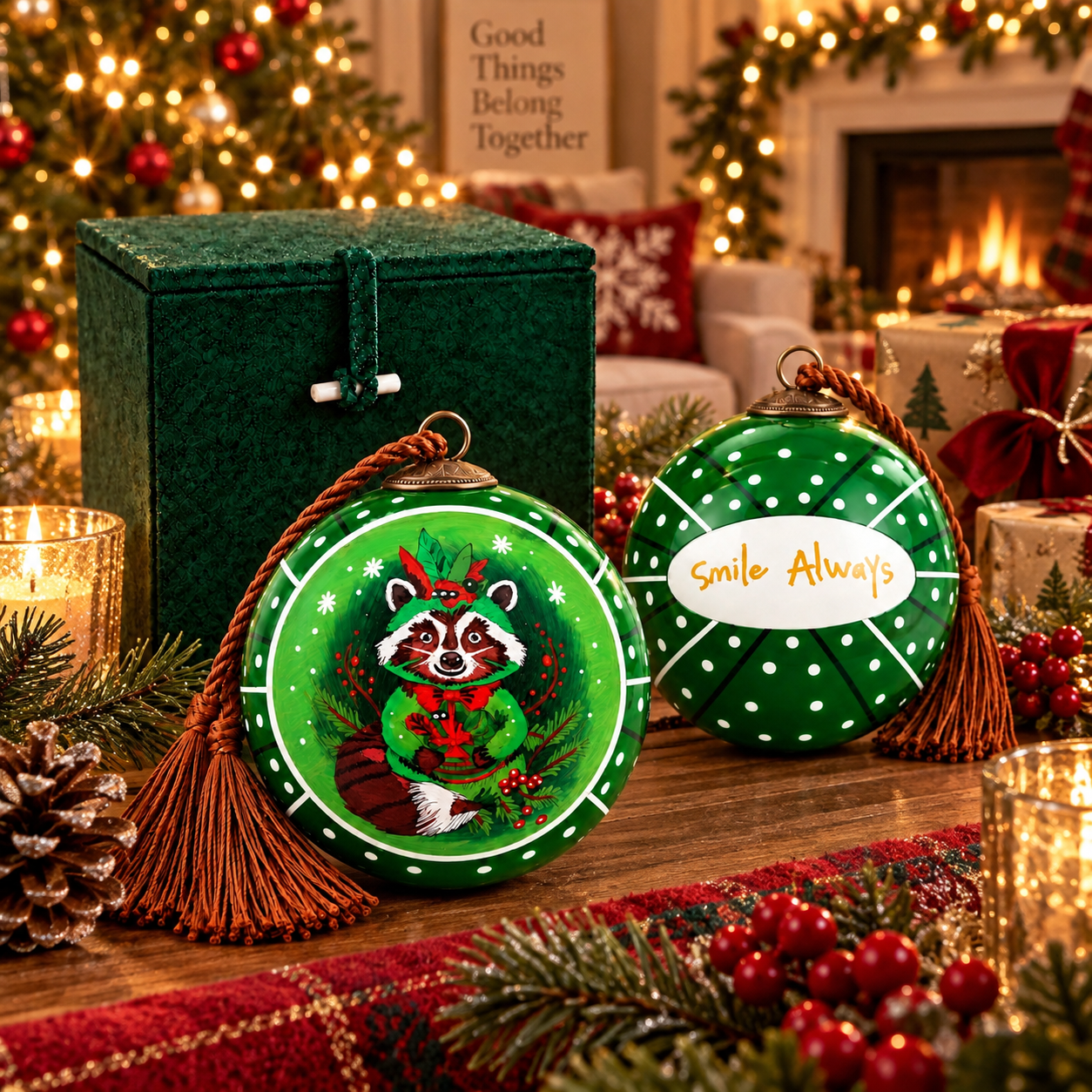 Raccoon in Green inside-painted glass ornament with a premium gift box