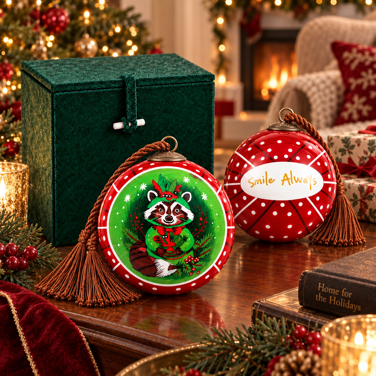 Raccoon in Red inside-painted glass ornament with a premium gift box