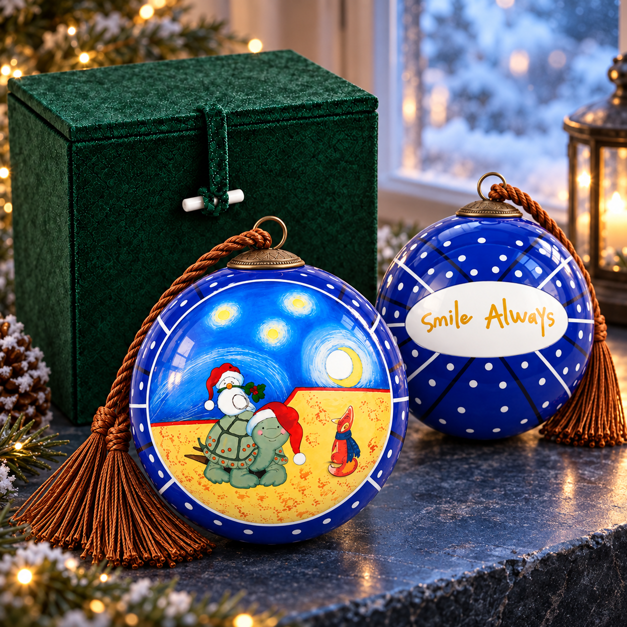 Undated turtle and fox inside-painted blue glass ornament