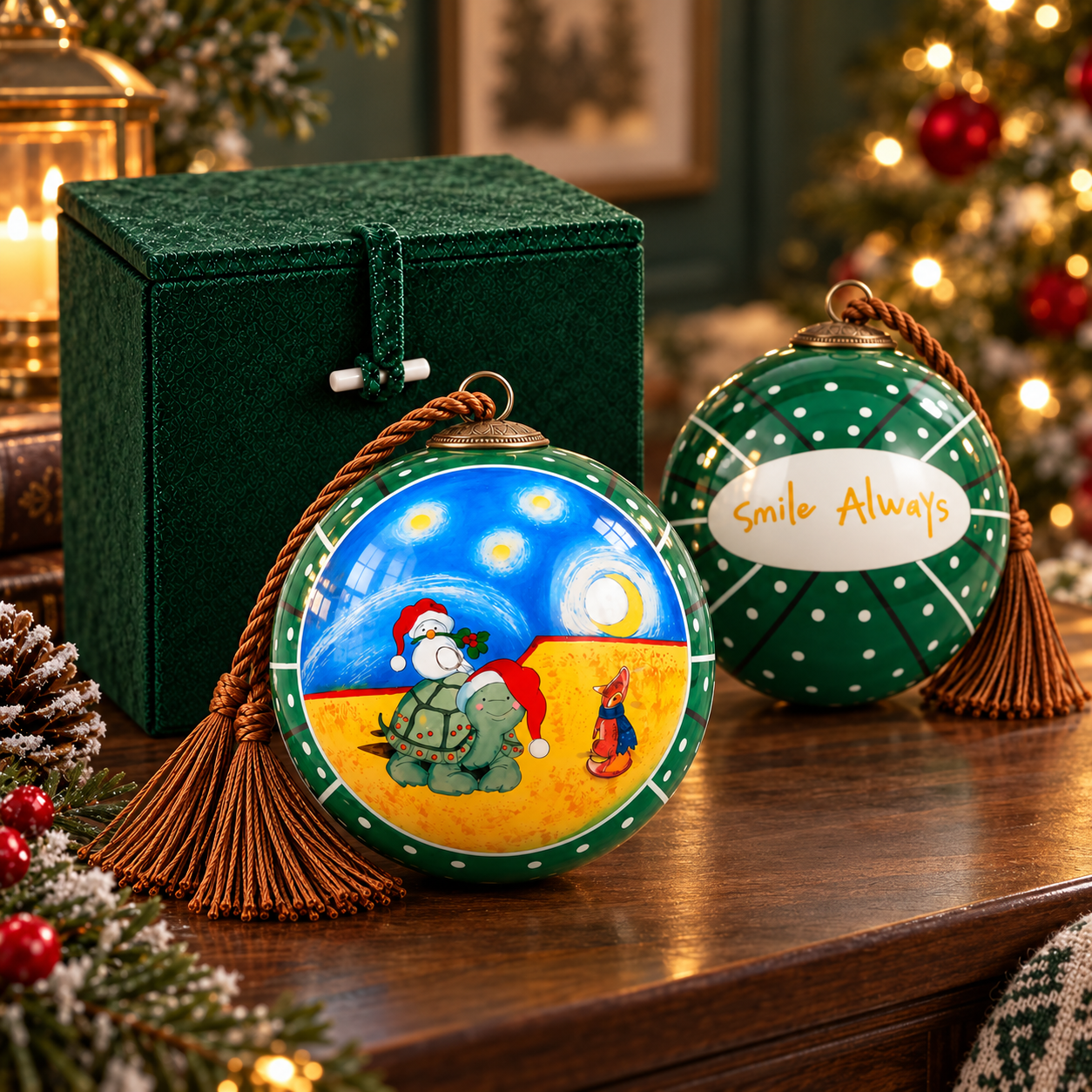 Undated turtle and fox inside-painted green glass ornament